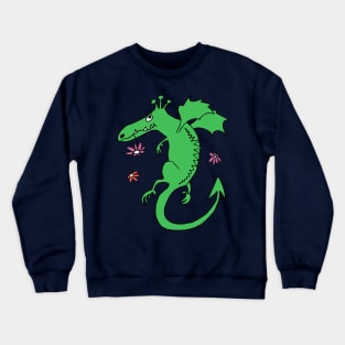 cute happy dragon - green with flowers Crewneck Sweatshirt